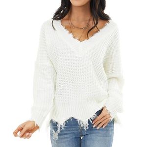 Main Strip White Distressed Sweater| Size: Small